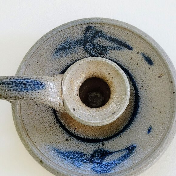 Vintage Rowe Pottery Candlestick Holder, Gray & Blue Salt Glazed Folk Art c.1982 - Picture 5 of 10